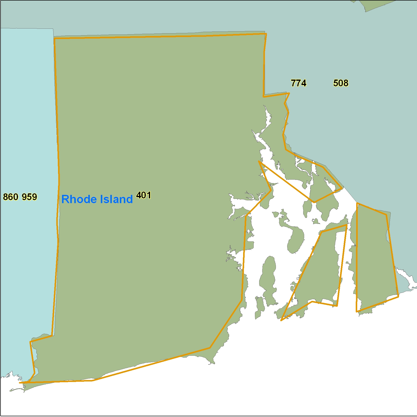 Rhode Island (RI) Area Code Map